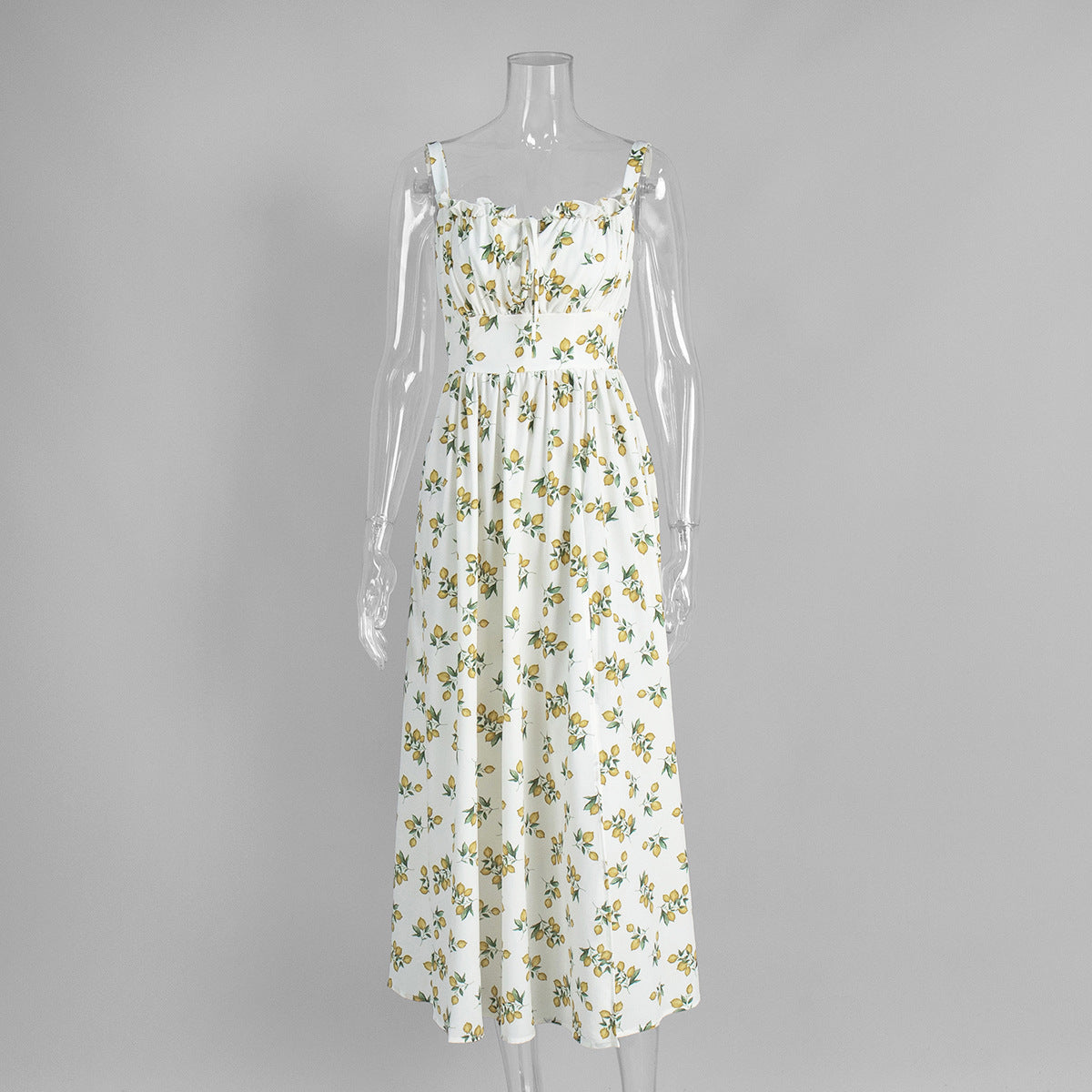 Printed Suspender Dress For Women Cotton Sexy Slit High Waist Long Dress Elegant Lace Up Summer Female Vacation Dress