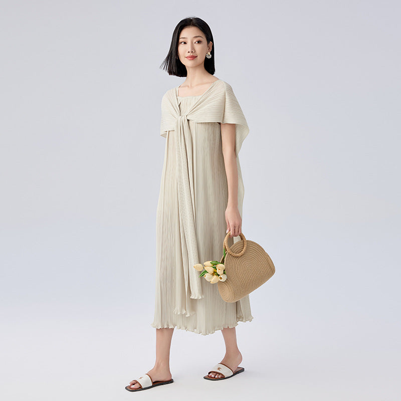 Design Stringy Selvedge Hem Cape Style Pleated Dress Women Loose Square Collar Straight Dresses