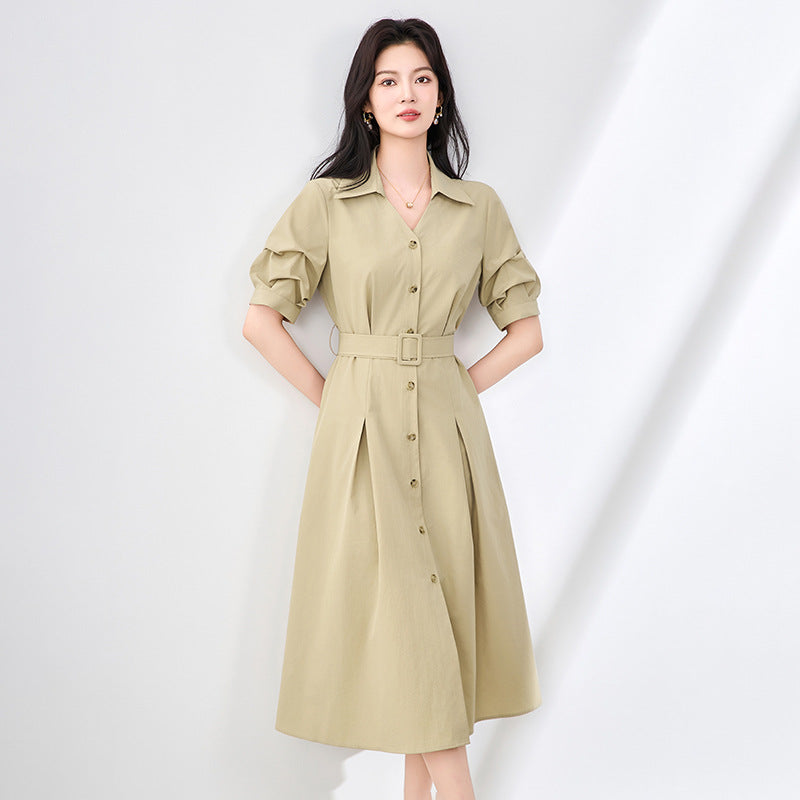 Slimming Commute Simple Sle High Waist A-Line Drees Pure Color Button Detail Cotton Blend mid Sve Midi Drees