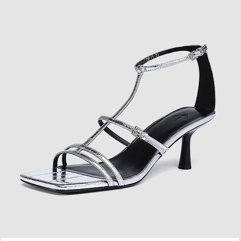 Fashion Stilettos Women Genuine Cow Leather Solid Color Gladiator Style Ankle Strap Summer Ladies Shoes