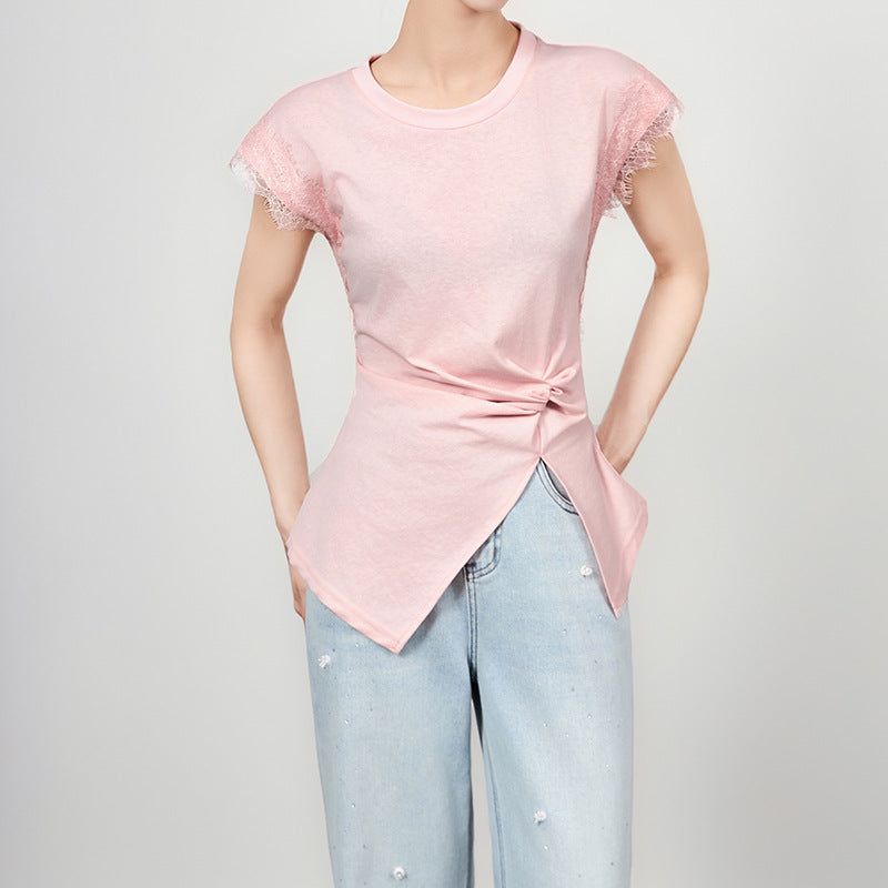 Summer Fashion Cotton Women T Shirt Short Sleeve Lace Patchwork Casual Tees Solid Basics Going Out Female Tops