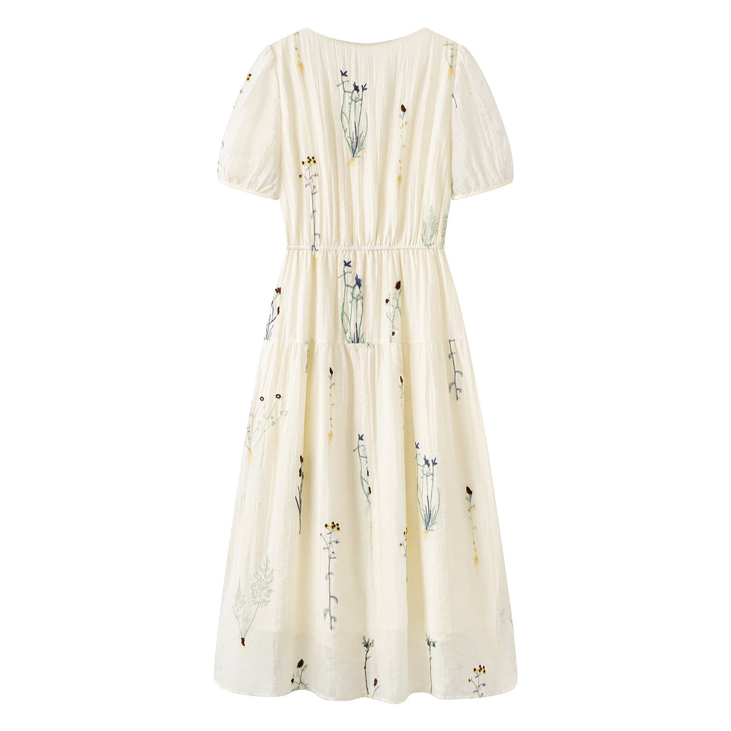 New Women's Dress Floral Embroidery Neckline Lace-up Waist Slimming Bubble Sleeve Female Dresses