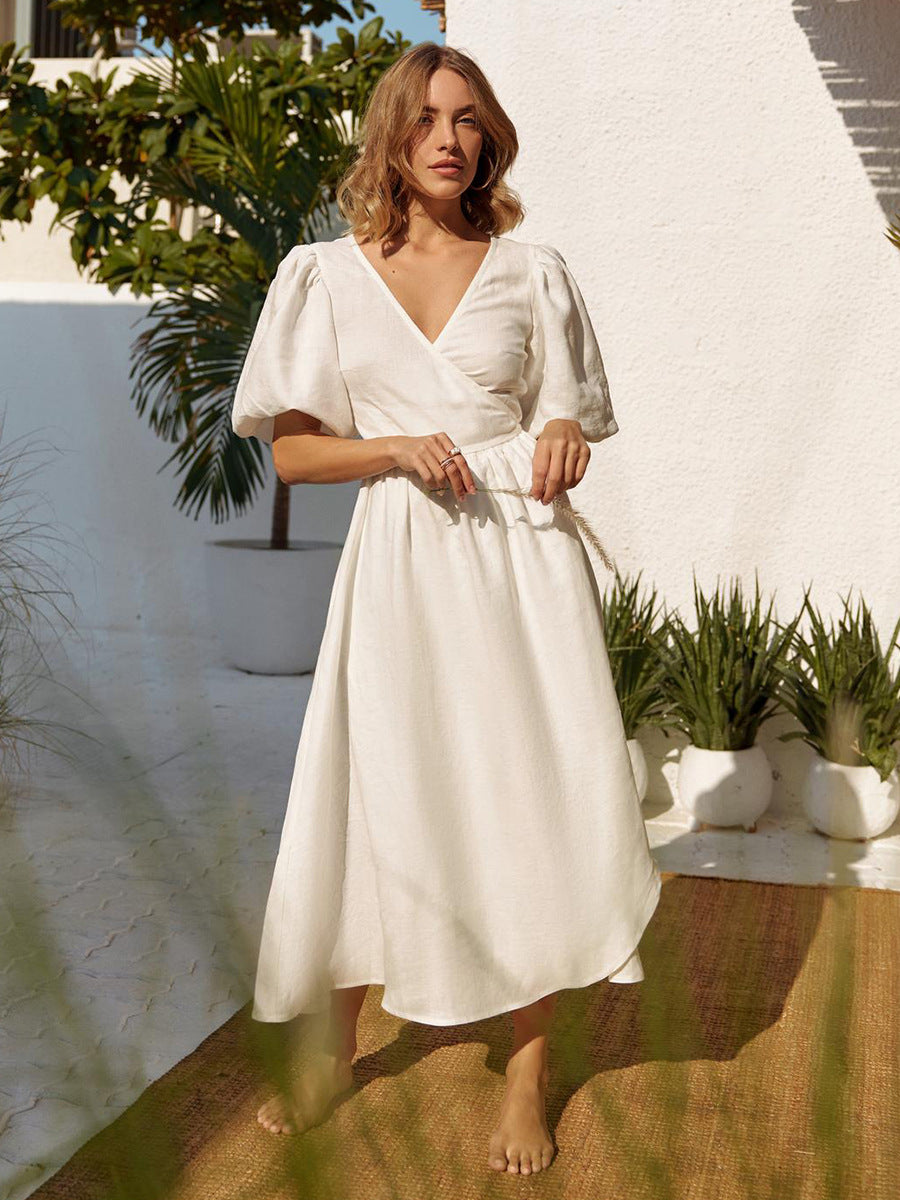 Summer V-neck Waist Cinched Dress Unique Lantern Sleeve Fashionable Sexy Slit Long Skirt Cotton Women's Casual Dresses