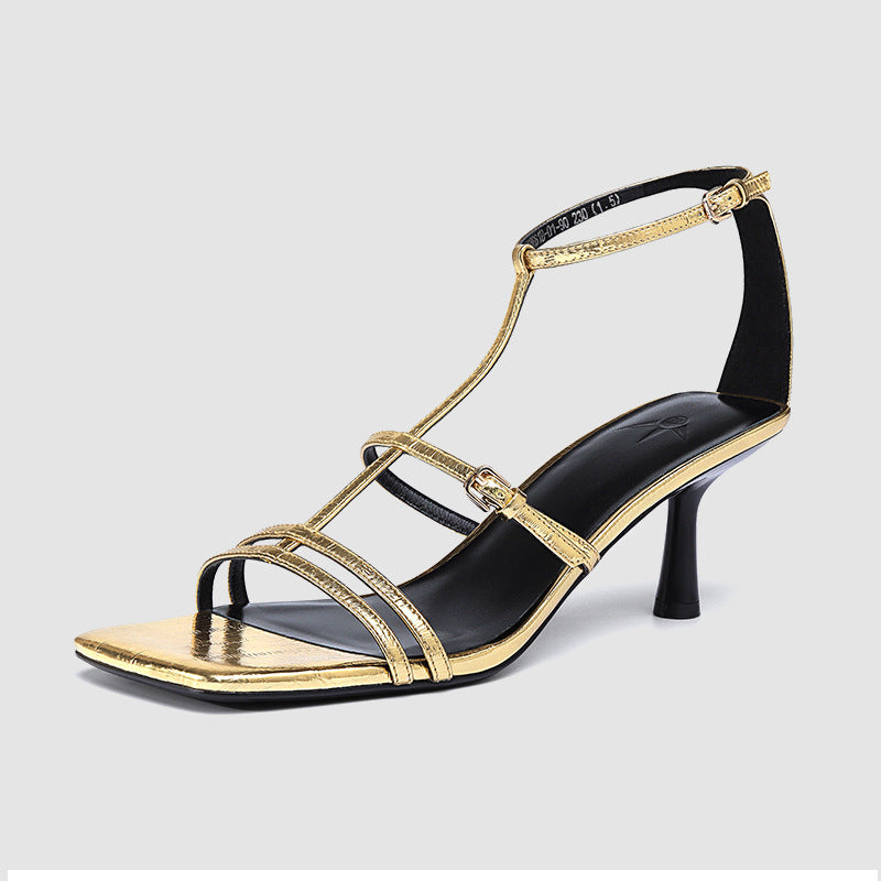 Fashion Stilettos Women Genuine Cow Leather Solid Color Gladiator Style Ankle Strap Summer Ladies Shoes