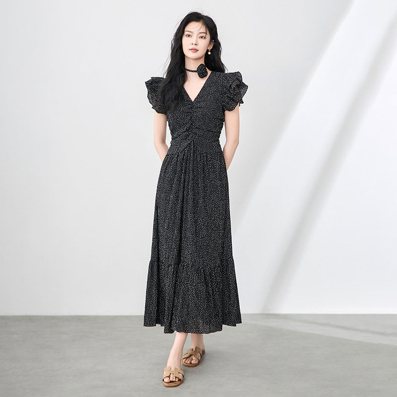 New French Inspired V Neck Polka Dot Romantic Flutter Sleeves Cinched Waist Retro Long Dress for Women Summer