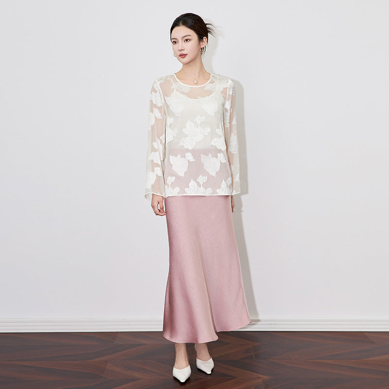 High-End Fashionable Chinese Style round Neck Shirt New Long Sleeve Top Feelelite Qiaoke Cut Flower Design