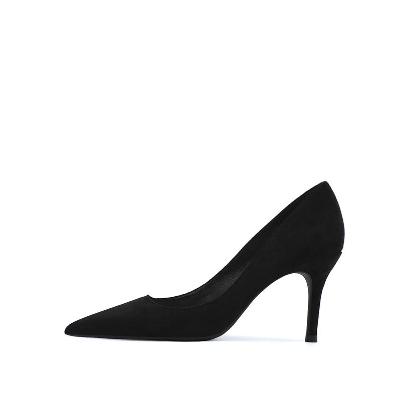 Black Suede High Heels Women Stiletto New Pointed Toe Shallow Mouth Commuter Professional Non-Slip Single Shoes