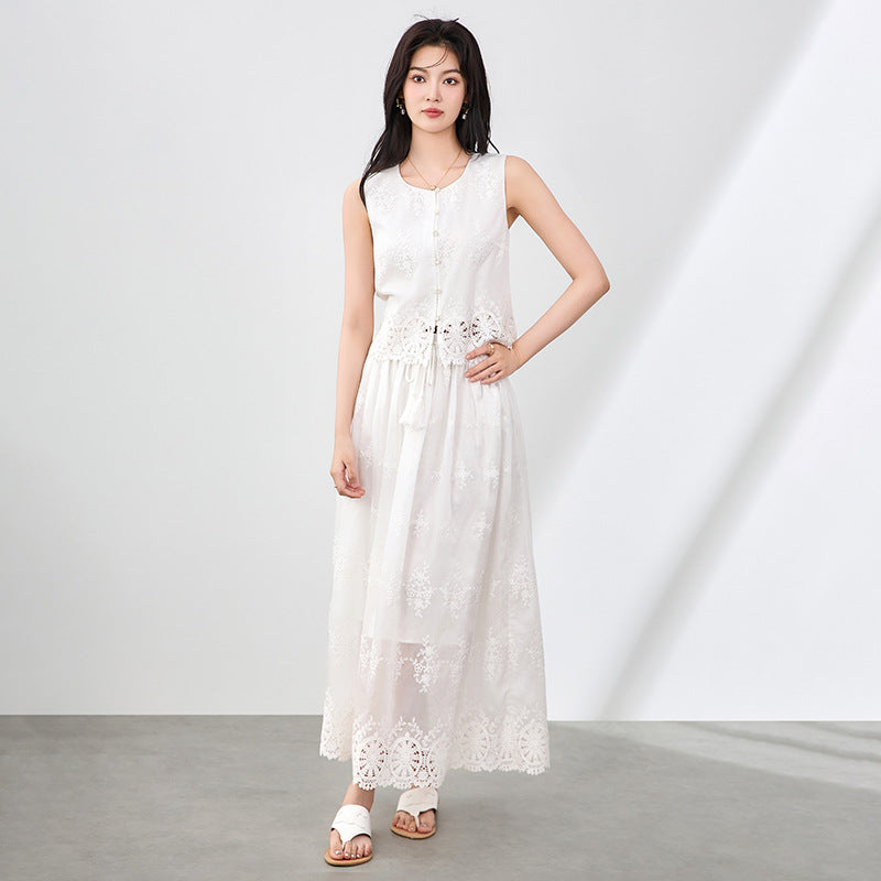 Woman Embroidery V-neck Hollow Lace Up Sleeveless Top Summer 2025 Slim Elastic Waist Skirt Set