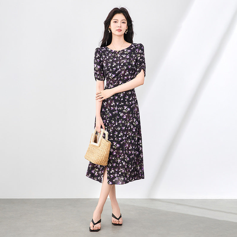 Long Dress French Elegance Tea Break Holiday Floral Tencel Maxi Dress Beautiful Properly Short Sleeve One Shoulder