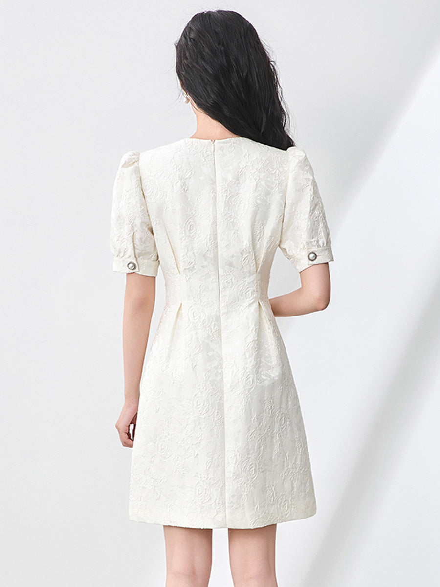 Summer Style Embossed Floral Dress Pearl Collar Bubble Sleeve Women's Dress Short Sleeve Knee-Length Regular Waistline