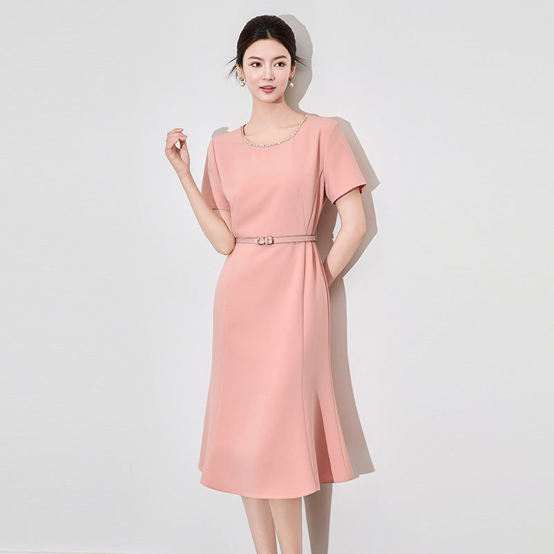 Senior Sentong Qin Slimming Refined round Neck Short Sleeve Female Summer Fishtail Dress