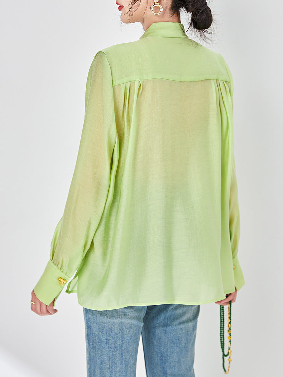 Women's Thick Temperament Streamer 2025 Spring and Summer New Mulberry Silk Lace-up Design Shirt Long-sleeved Top