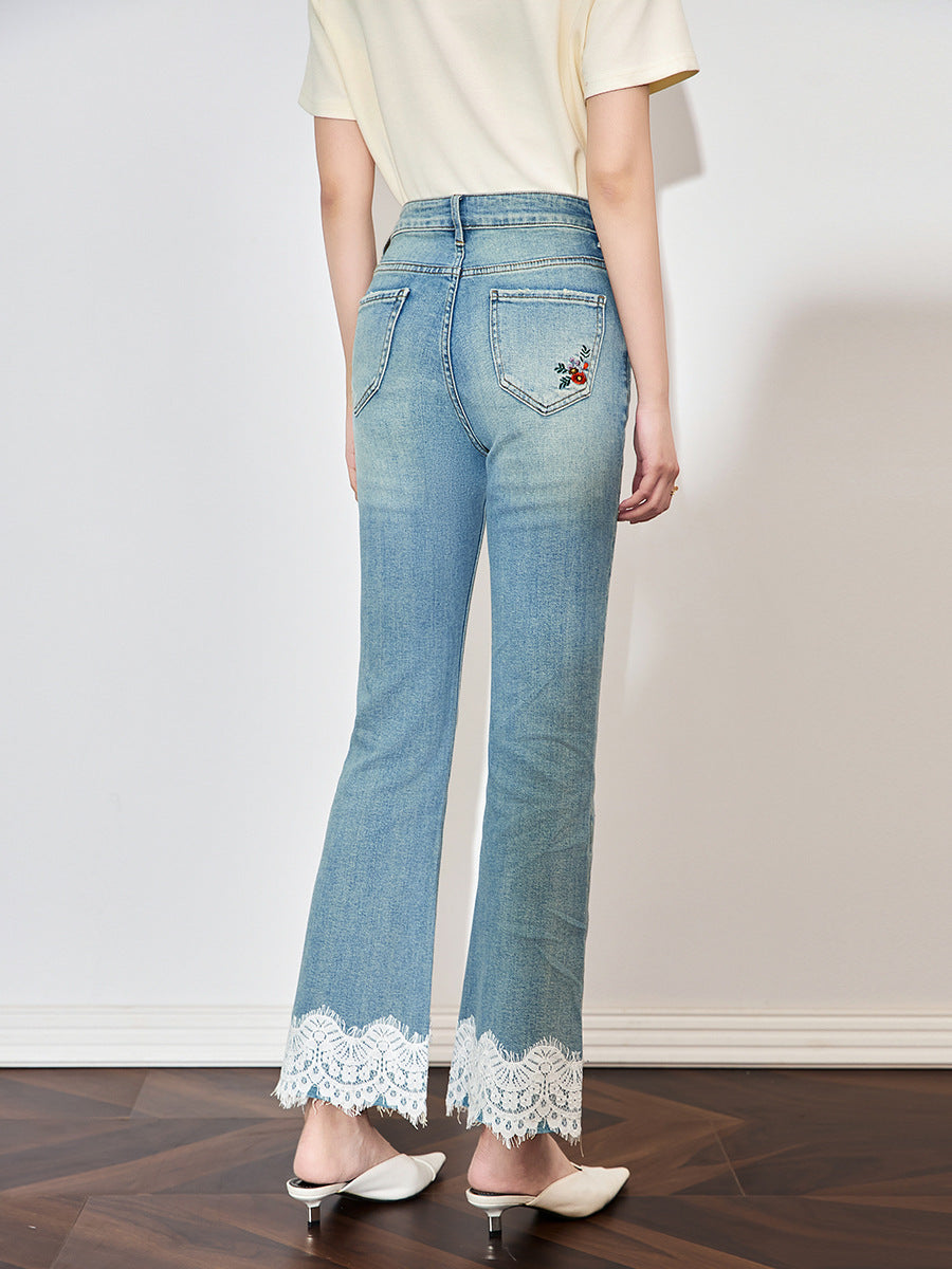 Beading Design Skinny Flare Jeans Women High Waist Stretch Vintage Wide Leg Denim Pants