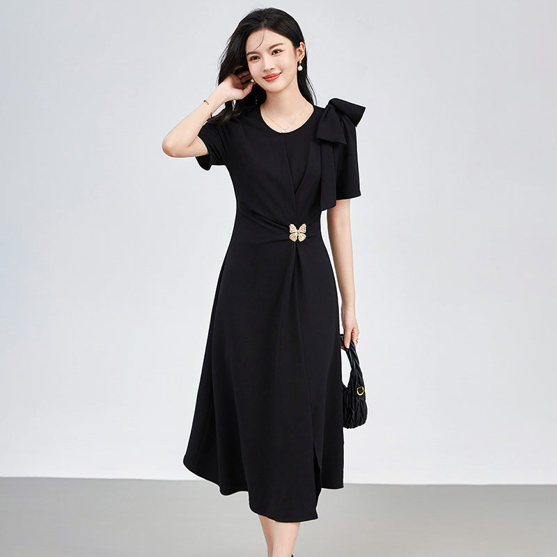 Elegant Womens Red Midi Dress Short Sleeve A Line Cocktail Party With Belt Fashion Casual Summer