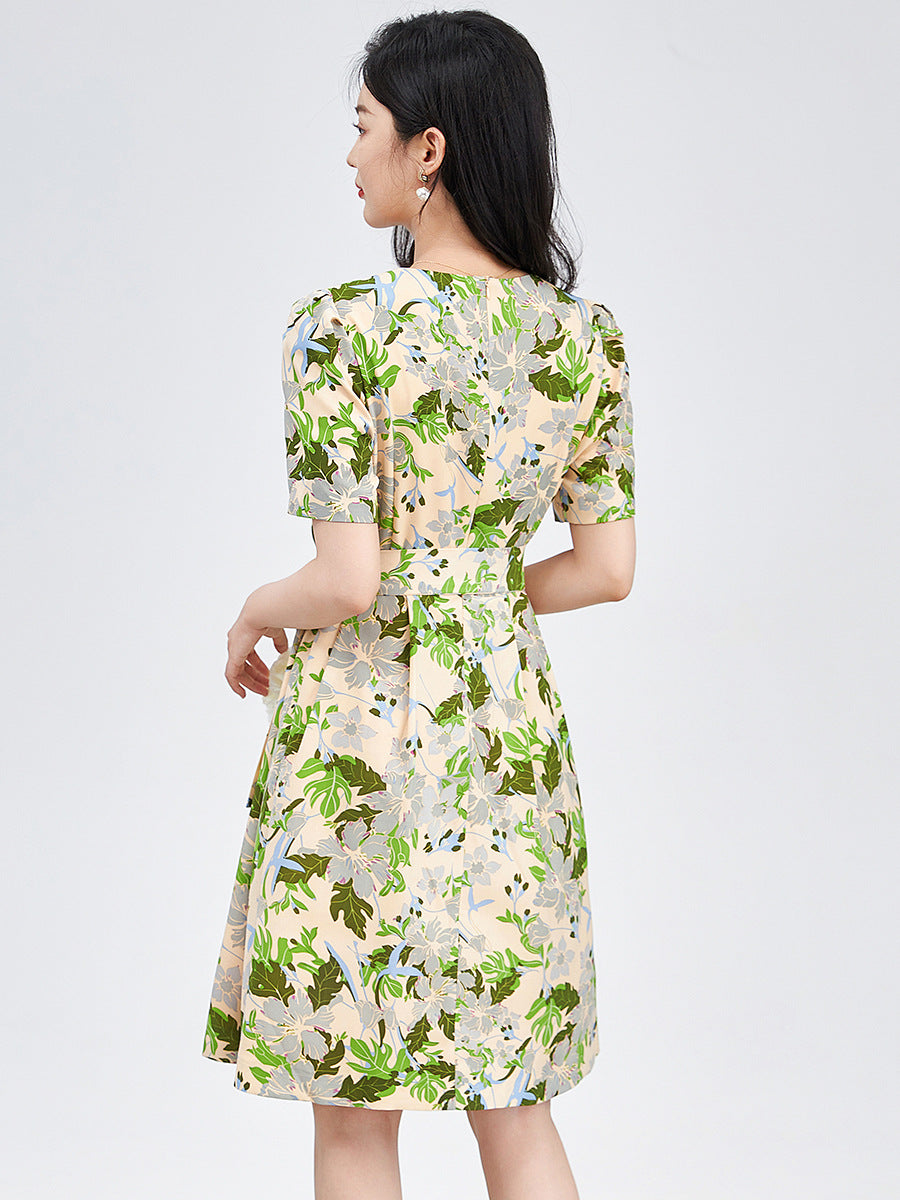 Elegant Feminine Romantic Printed Crepe de Chiffon Dress Women's New