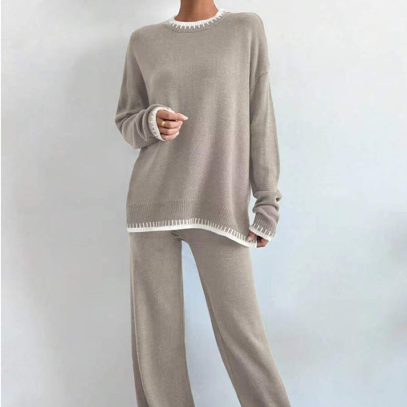 Women Knitting 2 Piece Set Casual Loose O Neck Pullover Top Wide Leg Pants Two Piece Outfits Fashion Color Matching Home Suit