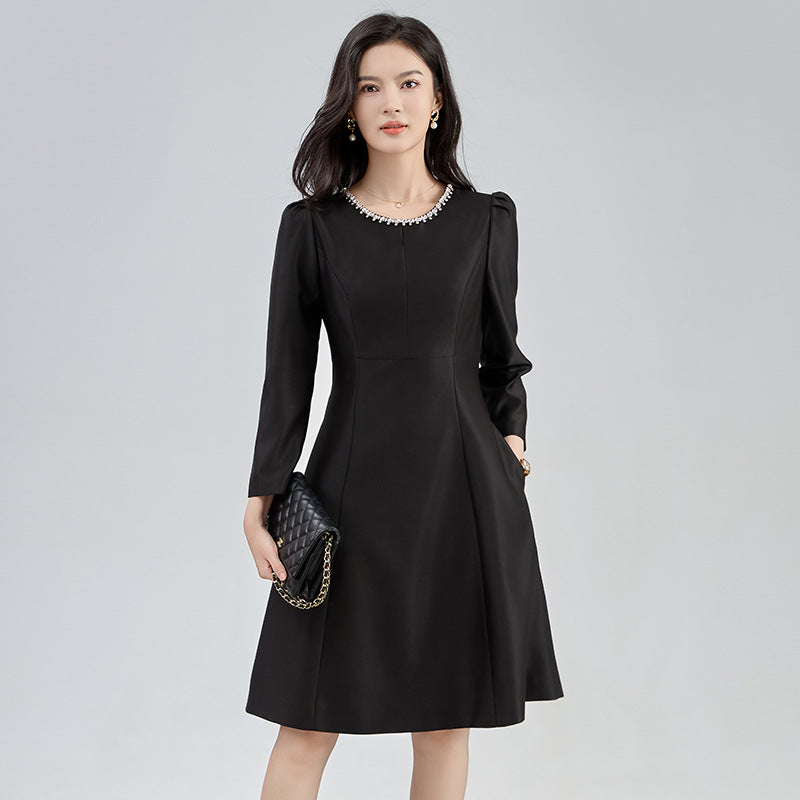 Elegant Neckline Hollow Out Rhinestone Socialite Style Dress French Style A- Line Skirt For Women Luxury Lightweight