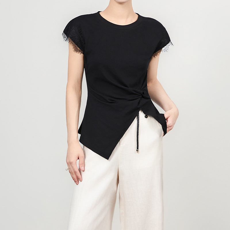 Summer Fashion Cotton Women T Shirt Short Sleeve Lace Patchwork Casual Tees Solid Basics Going Out Female Tops