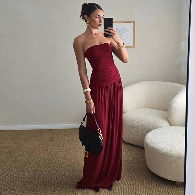 Off-shoulder Strapless Pleated Sexy Maxi Dress Women Fashion Backless Sleeveless High Waist Ruched Long Dress Elegant