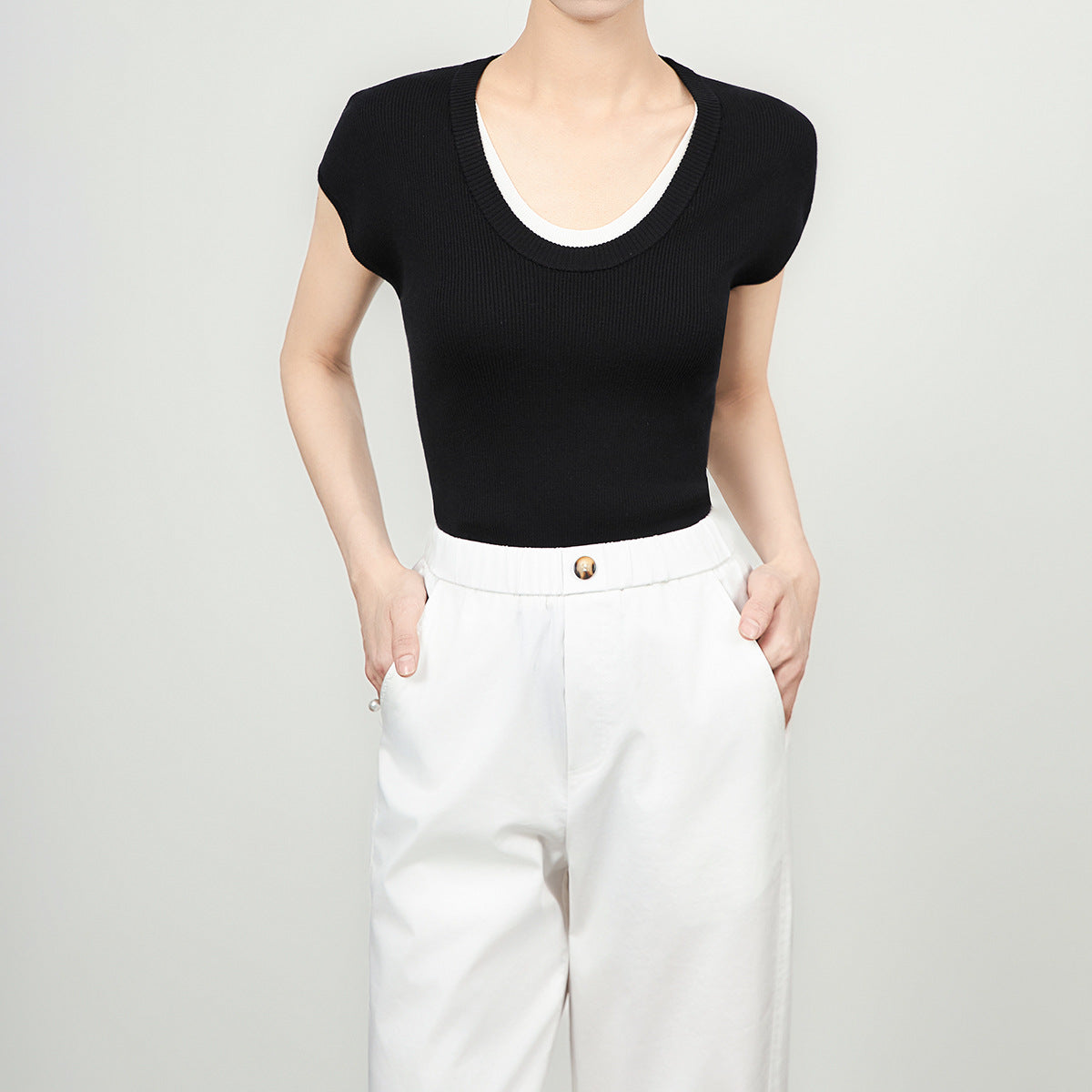 Summer New Temperament Knitted Top Short Sleeve T-shirt Korean Style Fake Two-piece T-shirt Women Clothing