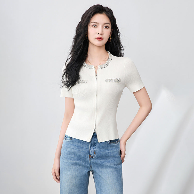 Spring Autumn Knitted Dress Two Piece Set Women's Crystal Cardigans Short Skirts Suits