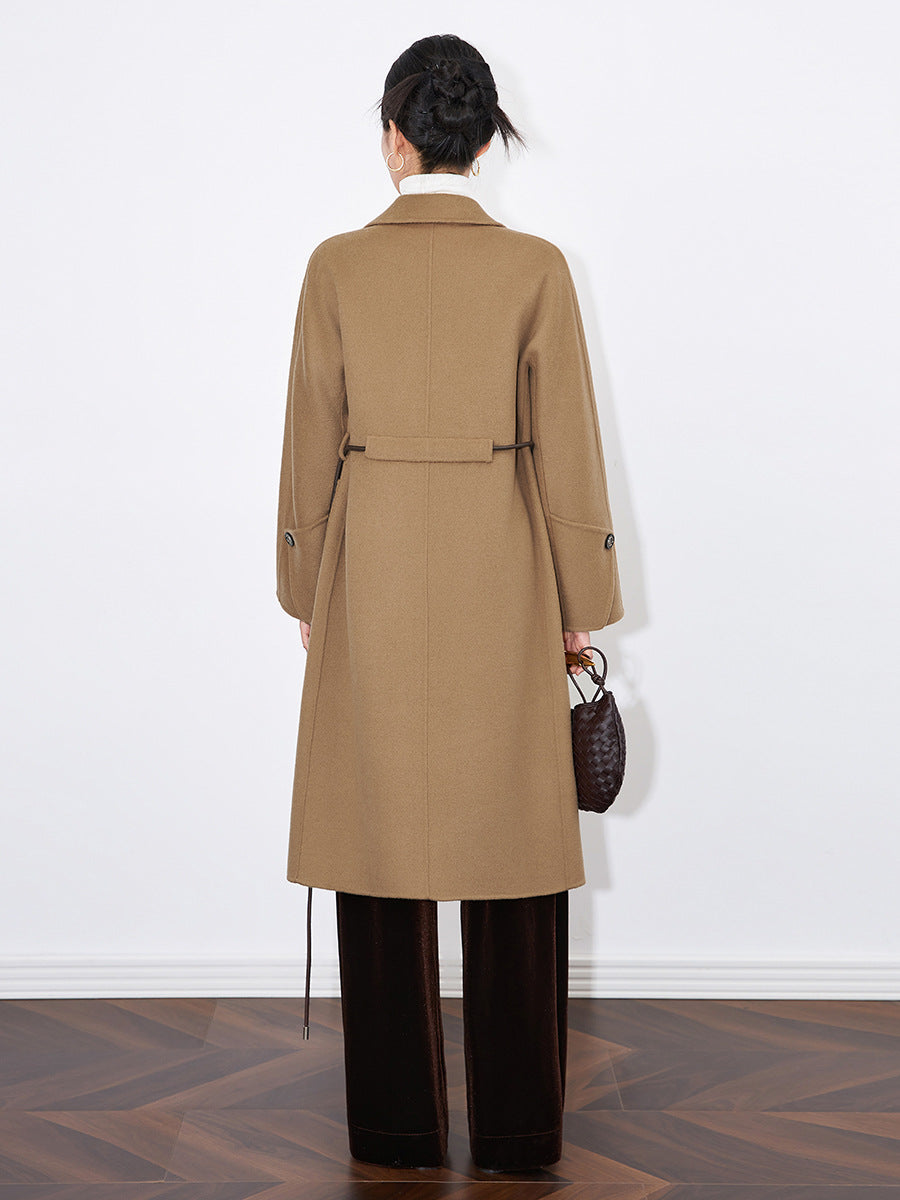 Women Handmade Hepburn Corrugated Water Ripples Coat Double-sided Cashmere Wool Long Woolen Jacket Cashmere Coat