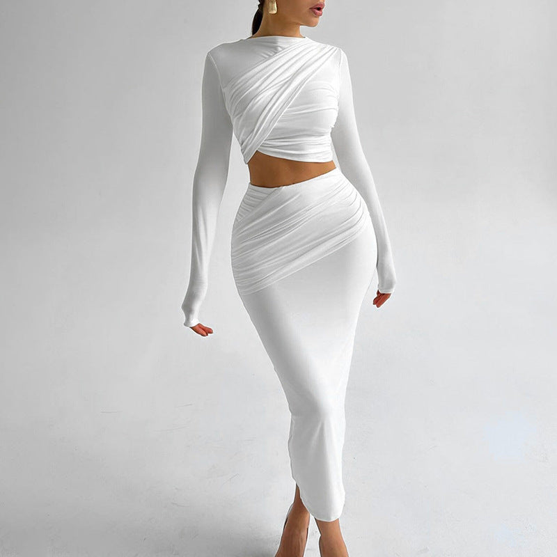 Sexy Two Pieces Set for Women Spring Summer Solid Ruched Long Sleeve Crop Top and High Waist Long Bodycon Skirt Suits