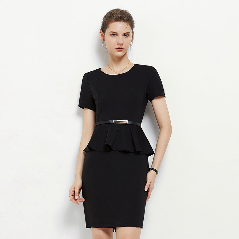 Women Elegant Bodycon Dress Peplum 3/4 Sleeves Irregular Collar Classy Office Ladies Knee Length Gowns Classy
