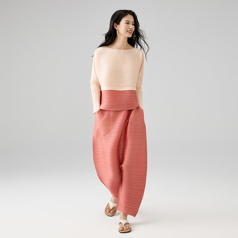Spring New Fashion Color Clash Set Round Neck Top Loose Harlequin Pants Set
