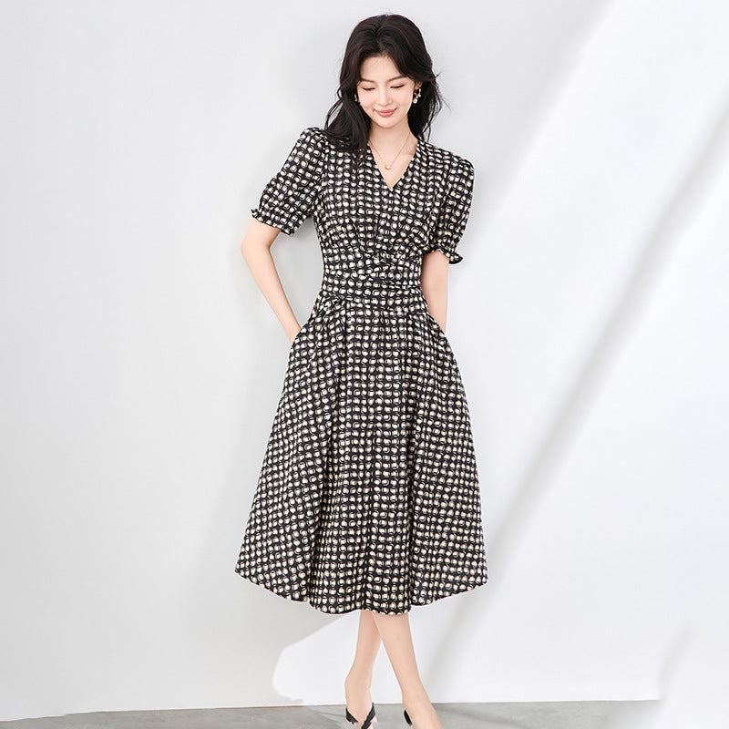 Geometric Patterns Print Women Midi Dress Satin V-Neck Drawstring Short Sleeve Female Irregular Robe Summer 2025