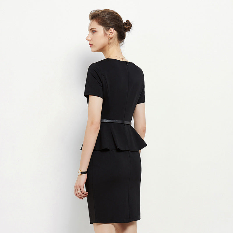 Women Elegant Bodycon Dress Peplum 3/4 Sleeves Irregular Collar Classy Office Ladies Knee Length Gowns Classy