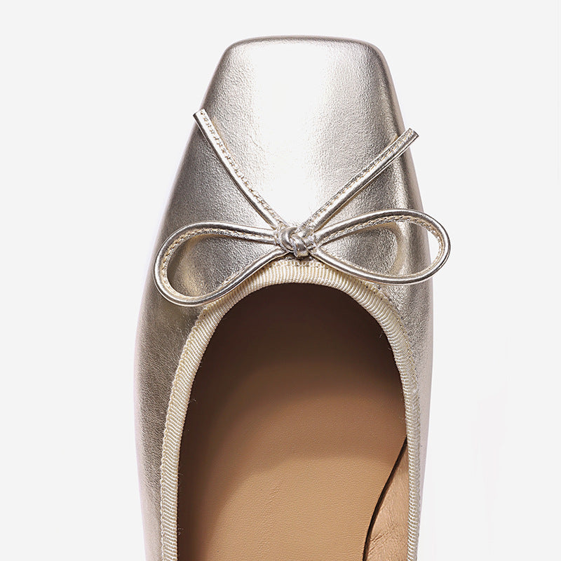 Gold Genuine Leather Women Ballet Flat Shoes Silver Cute Bow-tie Square Toe Silver Ballerina Shoe