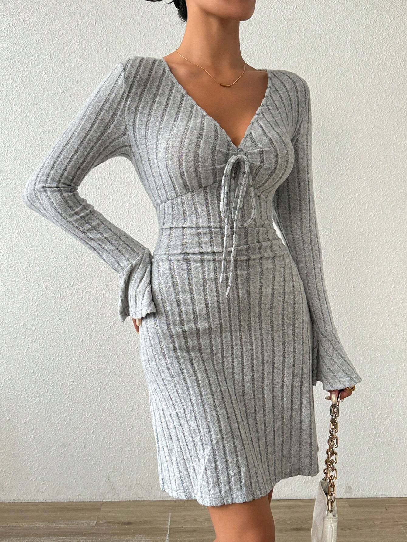 Autumn Winter New Women's Simple Elegant Gray Dress with Bell Sleeves Slim Fit Short Dress