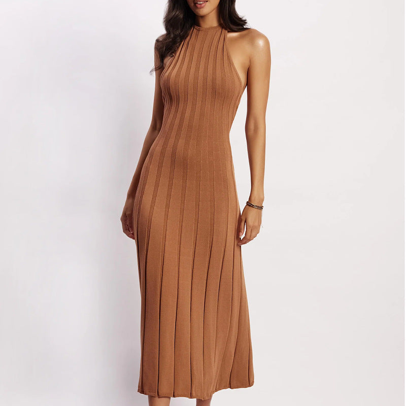 Summer Autumn Elegant Backless Knitted Dress Women Solid Halter Lace Up Sleeveless Slim Spicy Girls Street Club Party Robe