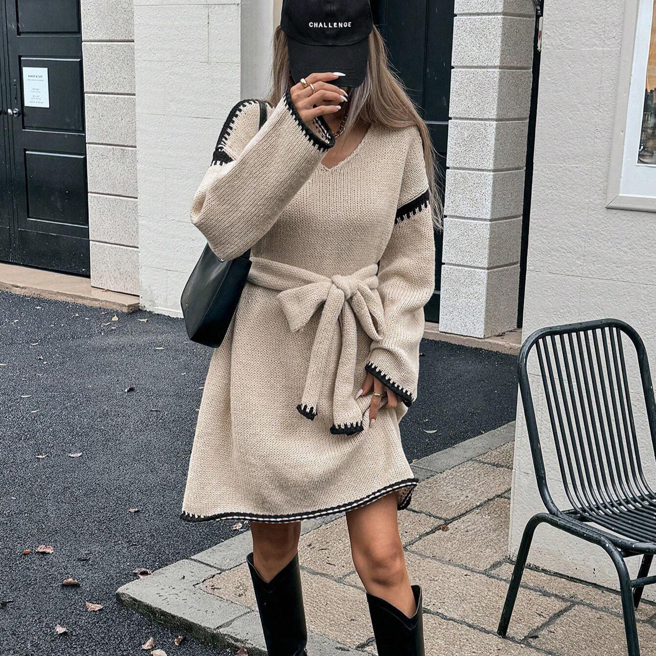 Autumn/Winter Fashion Lazy Style Fashion Strap Waist Loose Knitted V-neck Long Sleeve Autumn Mid Length Dress for Women Dresses