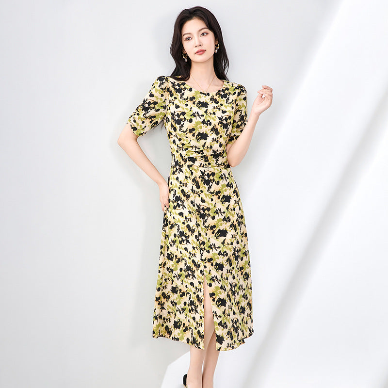 Long Dress French Elegance Tea Break Holiday Floral Tencel Maxi Dress Beautiful Properly Short Sleeve One Shoulder