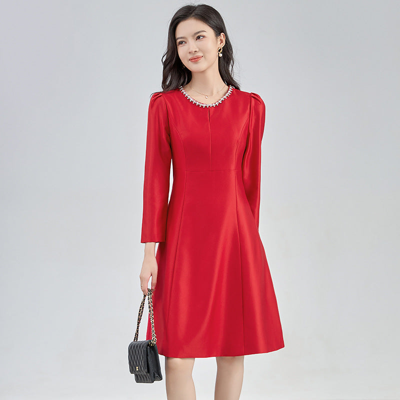 Elegant Neckline Hollow Out Rhinestone Socialite Style Dress French Style A- Line Skirt For Women Luxury Lightweight