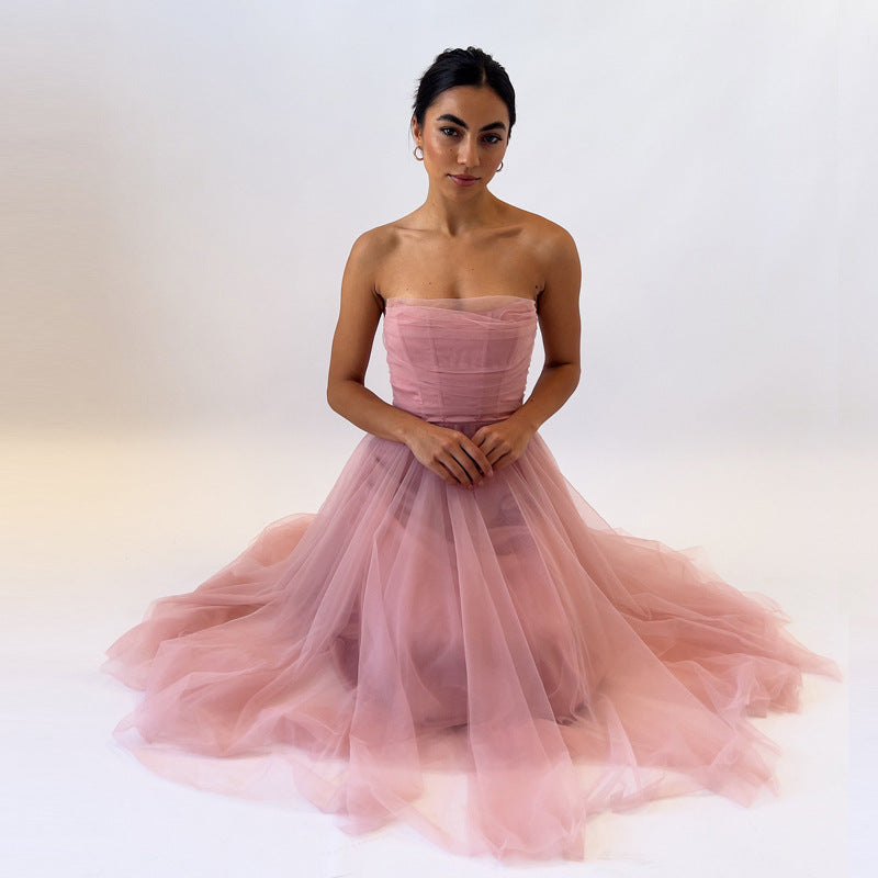 Sleeveless Fishbone Strapless Dress Women's Empire Waist A- Line Skirt Birthday Party Gown Cross-Border New Arrival