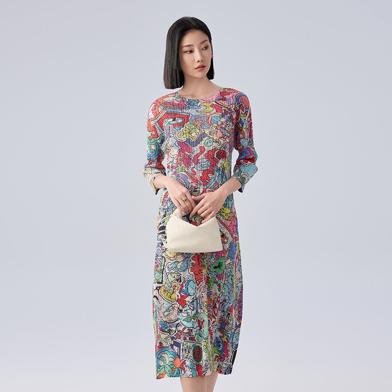 Spring New Graffiti Printed Bat Sleeve V-neck Long Dress At Leisure Party