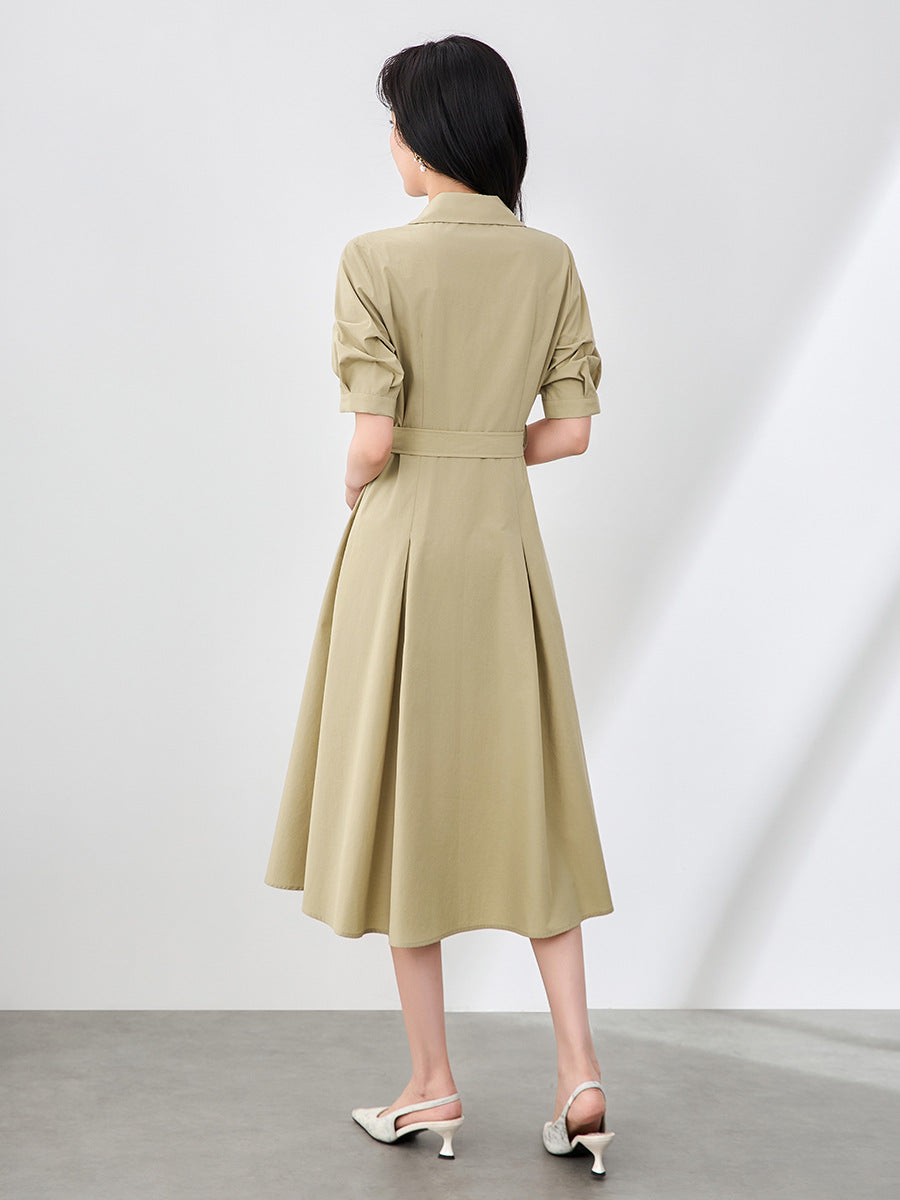 Slimming Commute Simple Sle High Waist A-Line Drees Pure Color Button Detail Cotton Blend mid Sve Midi Drees