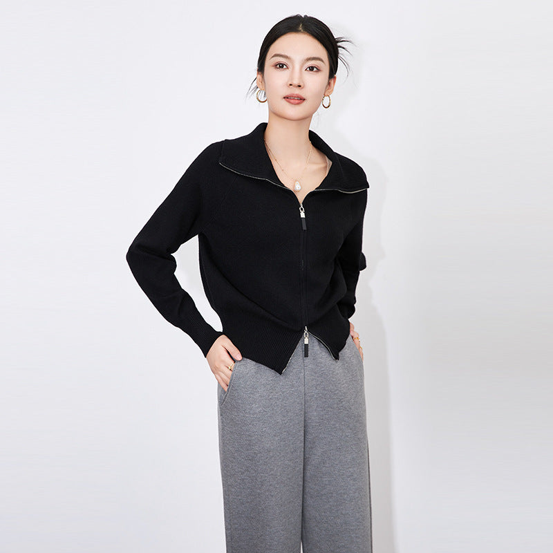 Spring Cardigan Woman 2025 New Office Lady Turn Down Collar Long Sleeve Zipper Knitwear Female Clothing
