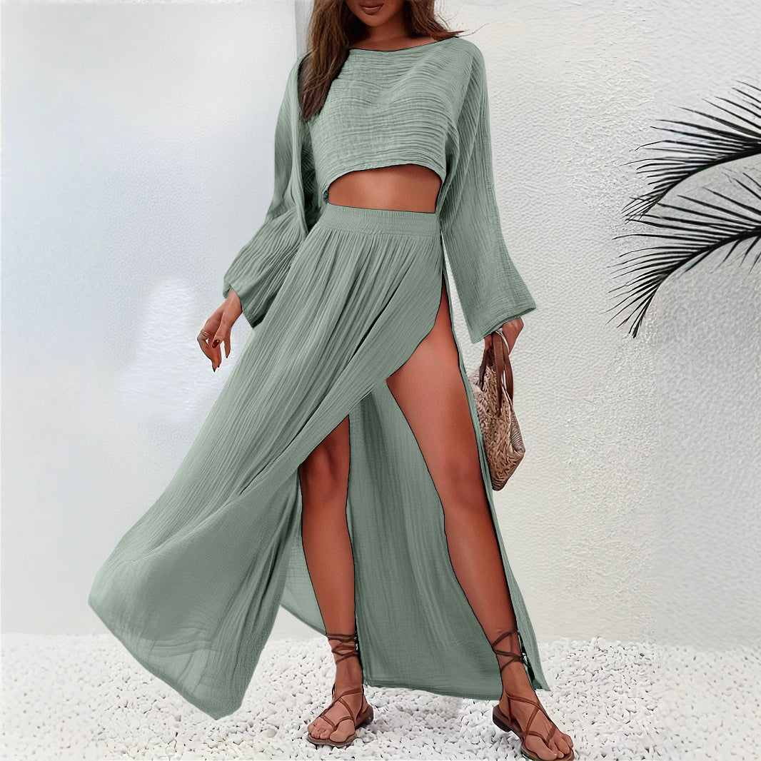 Leisure Vacation Linen Blended Short Top High Waist Unique Split Cotton Hemp Leisure Two Piece Set