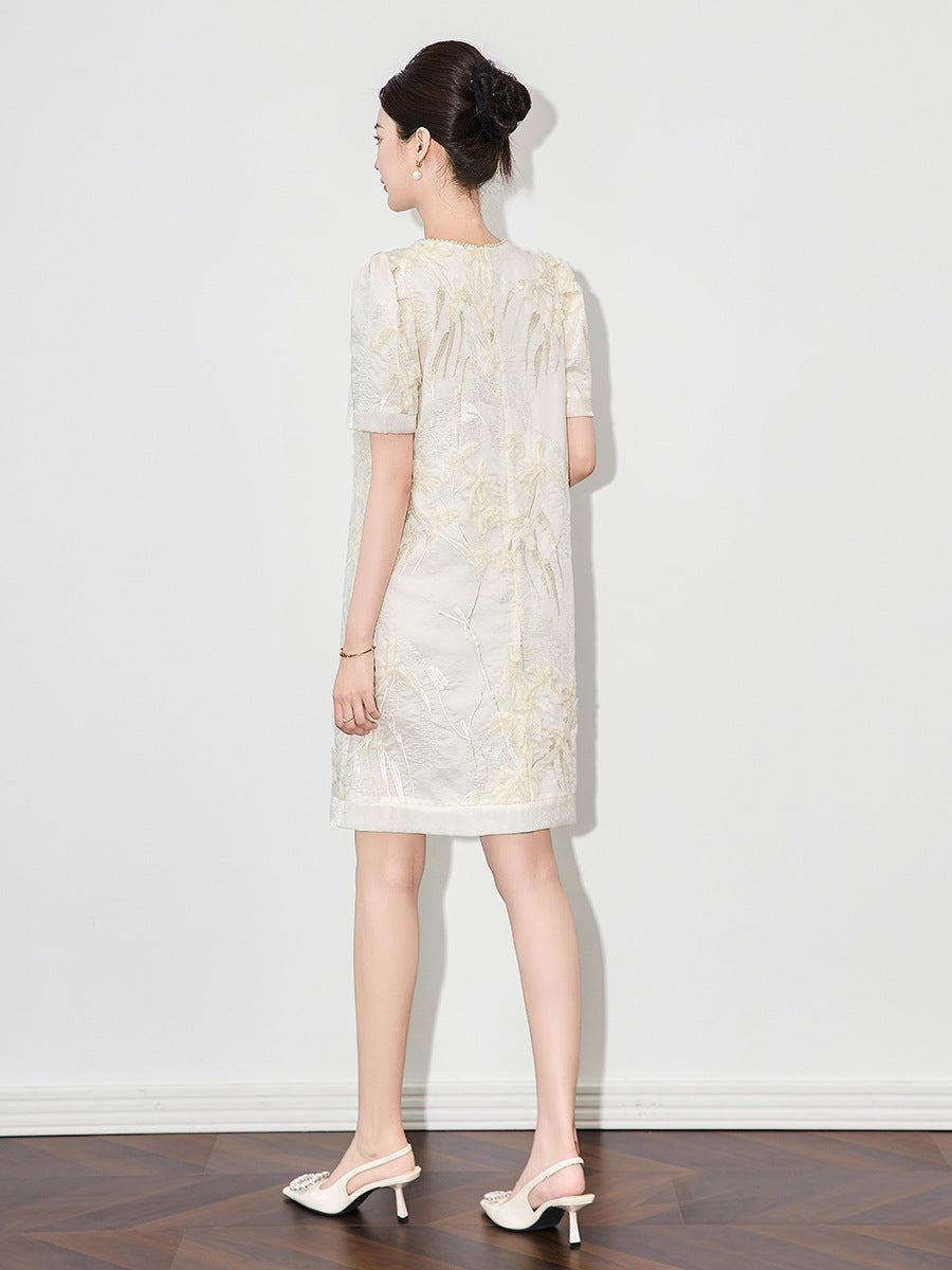 Elegant Short Sleeve Embroidered Glass Silk Dress Skirt Style Dress Chinese Cotton round Neck Short Length Elegant Dress