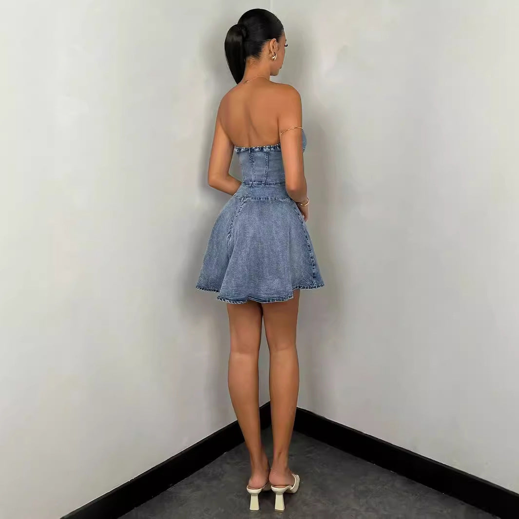 Women Cross Border Wrap Chest Sleeveless Fashion Temperament Denim Sexy Spice A-line Dress