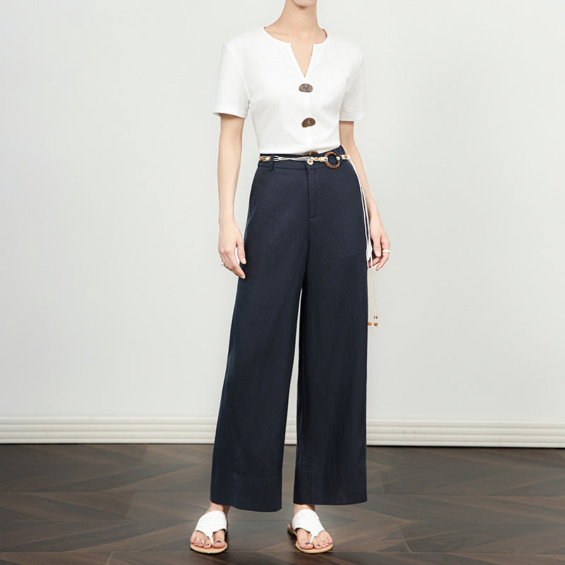 New Women's Fashion Stylish Belted Satin Texture Wide-Leg Pants