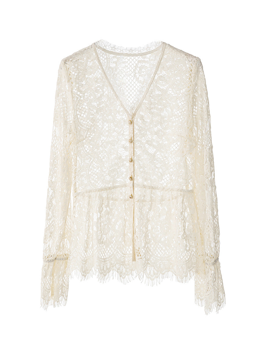 Lace Shirt Elegant Sweet Elegant V-Neck Top Women's New Model Lightweight Ladies Blouse