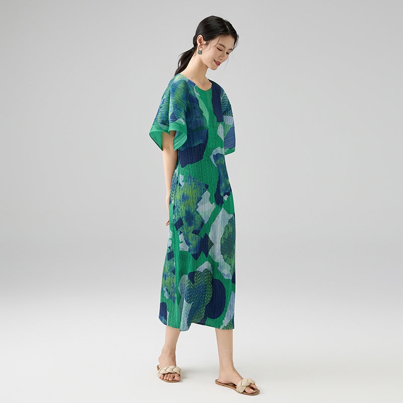 Geometric Print Pleated Dress 3/4 Sleeve round Neck Loose Fit Fashionable Stylish New Style