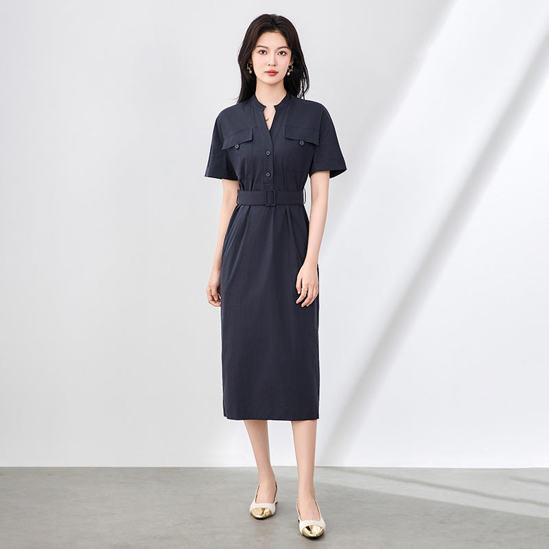 Retro Workwear Dress High Waist Slimming Short Sleeve Midi Shirt Dress Commute Friendly Nylon V Neck Knee Length