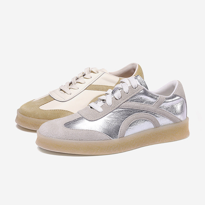 Suede Sneakers Women Synthetic Leather Round Toe Casual Trainers Lace Up Female Patchwork Flat Shoes