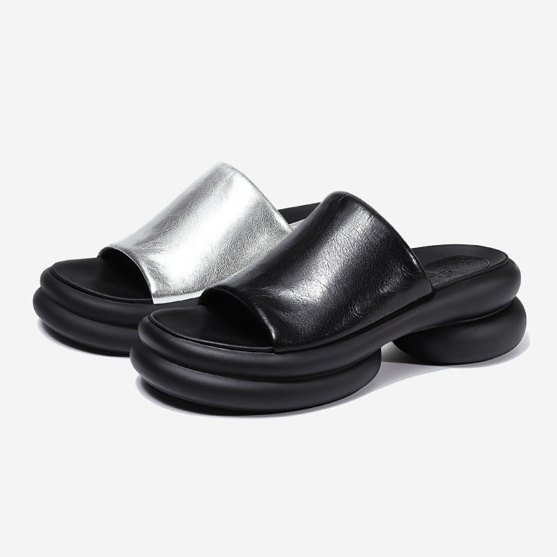 Leather Peep Toe Soft High Heels Slingback Mules Office Lady Casual Slip On Party Concise Platform Women Sandals